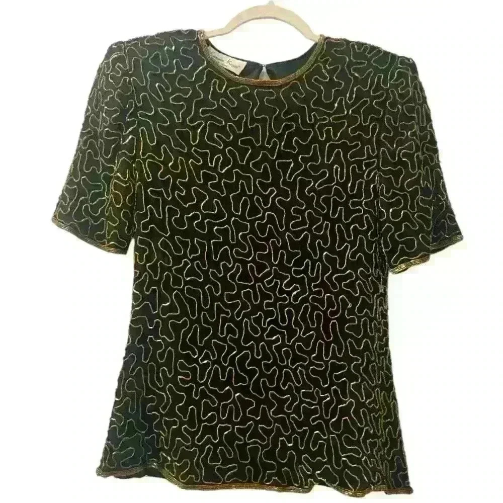 Vintage 80s Laurence Kazar Beaded Silk Top Size Small Black Gold Stretch